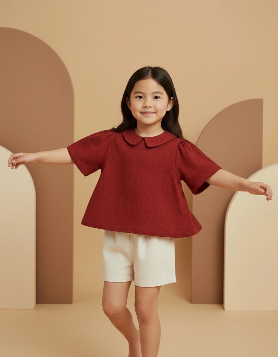 Camicia Masha manica scampanata rosso e ciliegia Farway Milano indossata