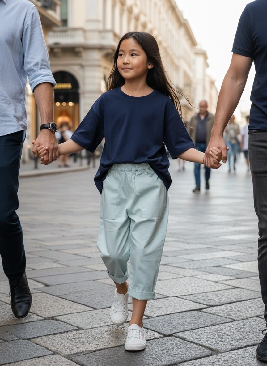 Capi Farway Milano azzurro polvere e denim per una passeggiata in famiglia