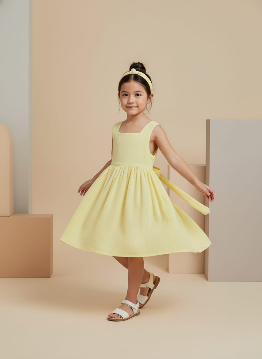 Abito Charlotte in mussola di cotone giallo e ocra Farway Milano indossato