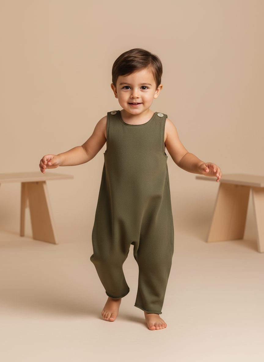 Tutina smanicata Farway Milano in cotone indossata da un bambino piccolo