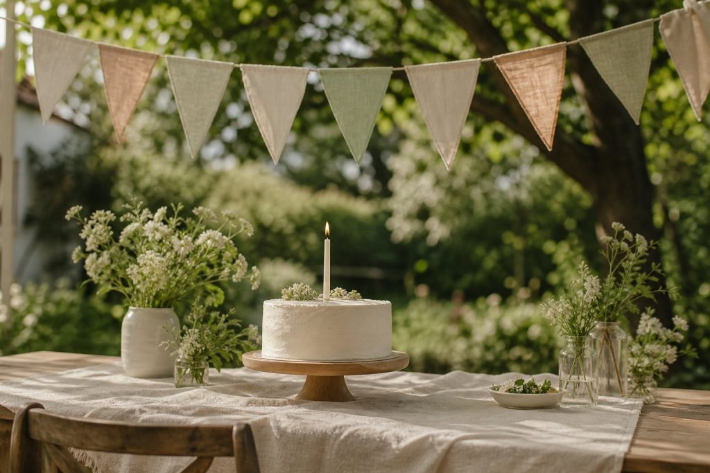 Tavolo di festa per un primo compleanno con torta semplice e bandierine in tessuto