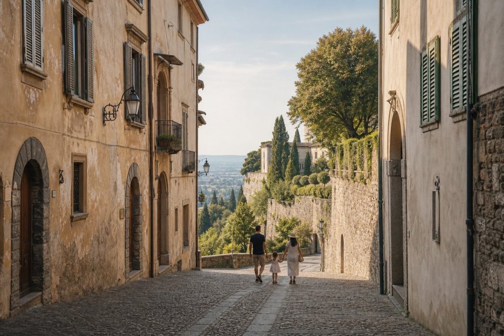 Strada acciottolata di Bergamo Alta con scorcio sulle mura venete