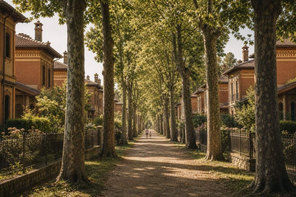 Viale alberato e case operaie storiche del villaggio di Crespi d'Adda