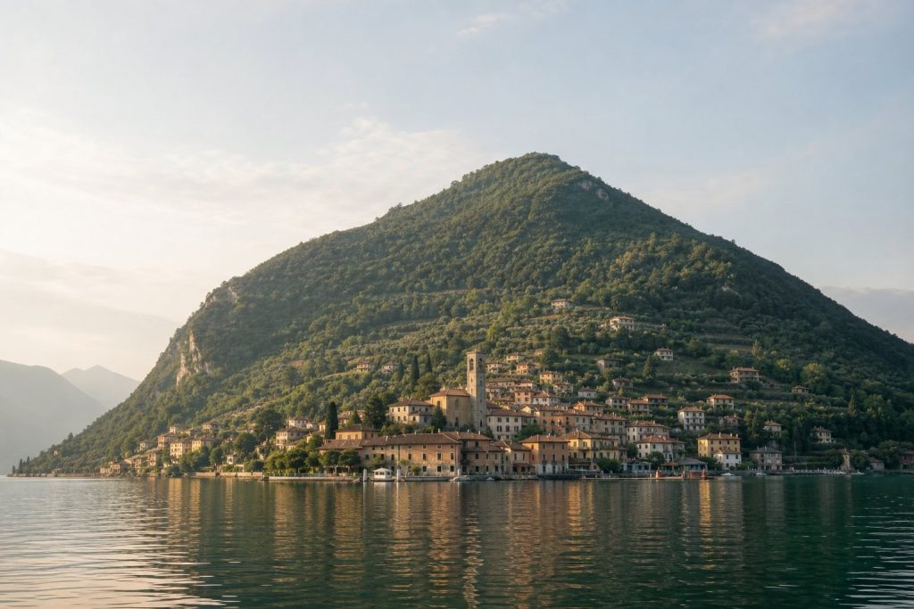 Monte Isola sul Lago d'Iseo vista dall'acqua con il borgo sulla riva