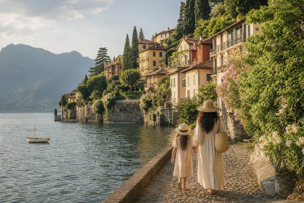 Lungolago di Varenna sul Lago di Como con case colorate e montagne
