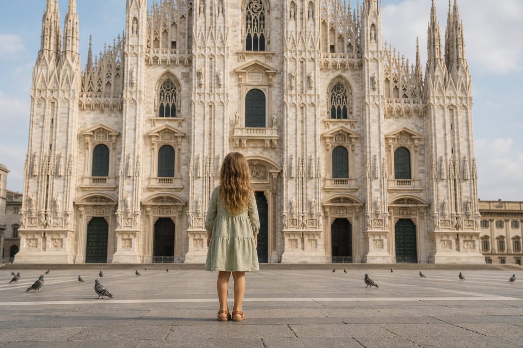 Bambina guarda il Duomo di Milano dalla piazza in una giornata d'estate