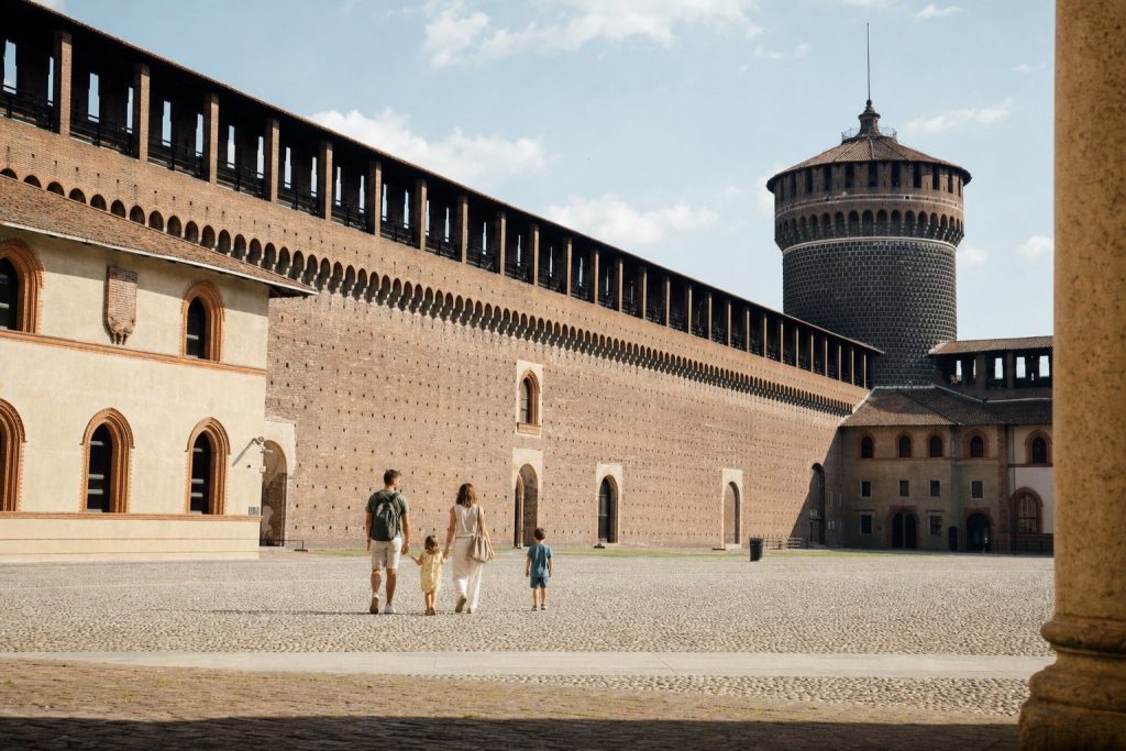 Cortile interno del Castello Sforzesco di Milano con una famiglia in visita