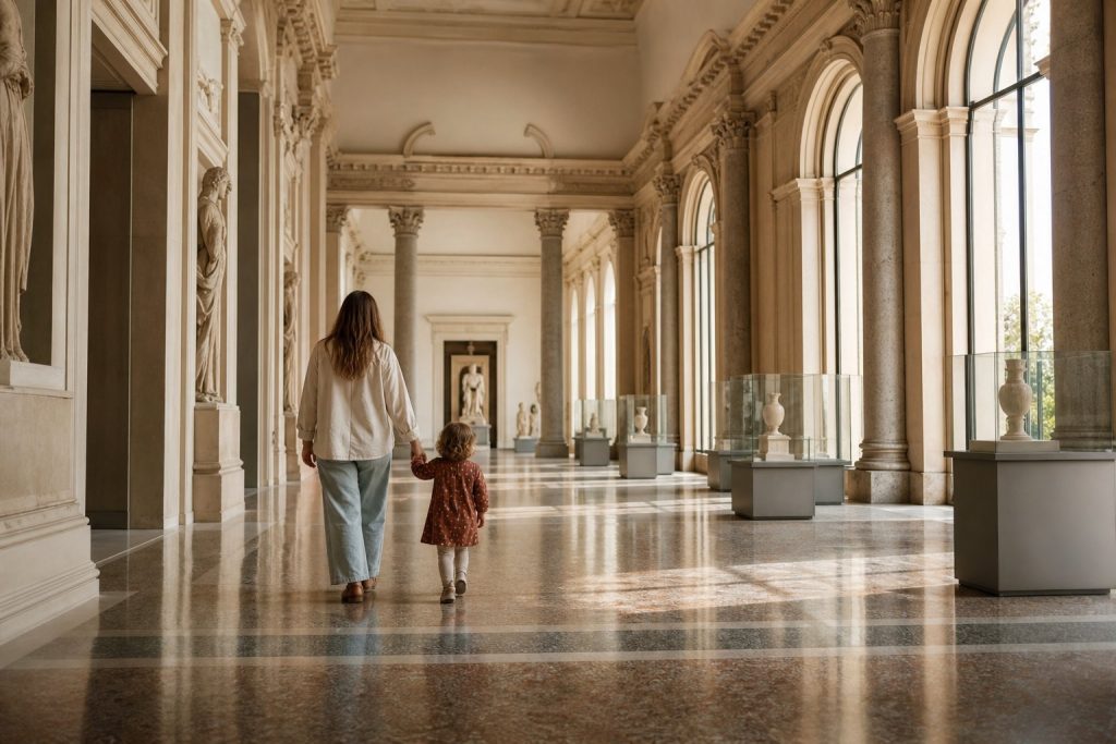 Bambini giocano in uno spazio espositivo luminoso a Milano