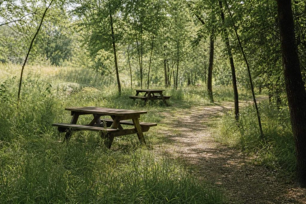 Radura con tavoli da picnic in legno tra gli alberi del Boscoincittà a Milano
