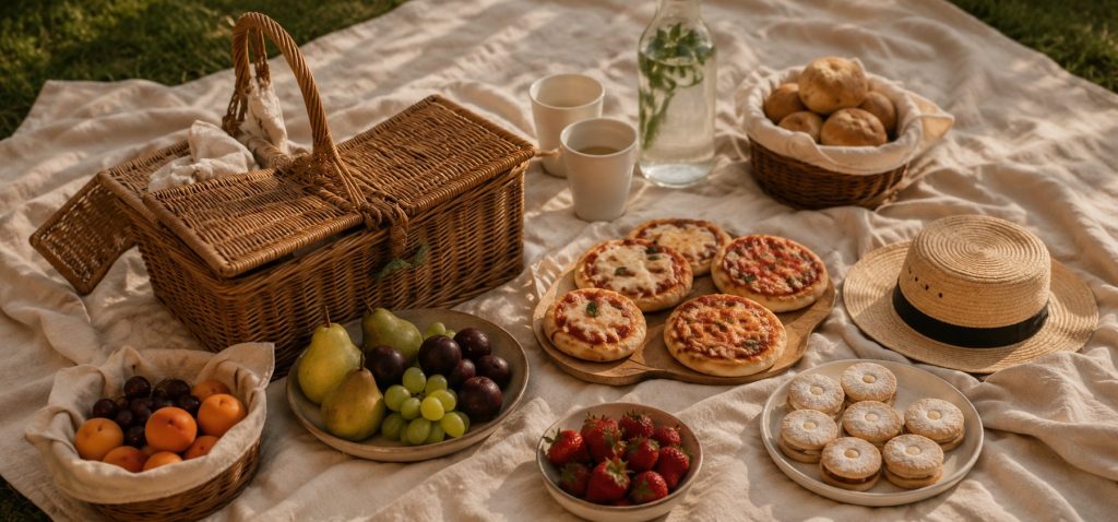 Cesto da picnic, coperta e accessori per una giornata all'aperto