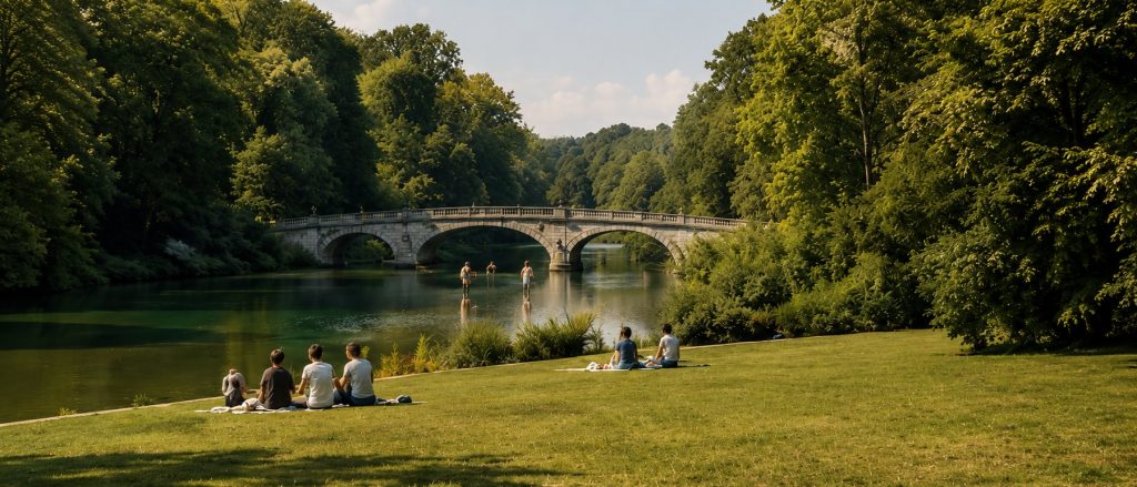 Prati verdi e alberi secolari al Parco di Monza, area Ponte delle Catene