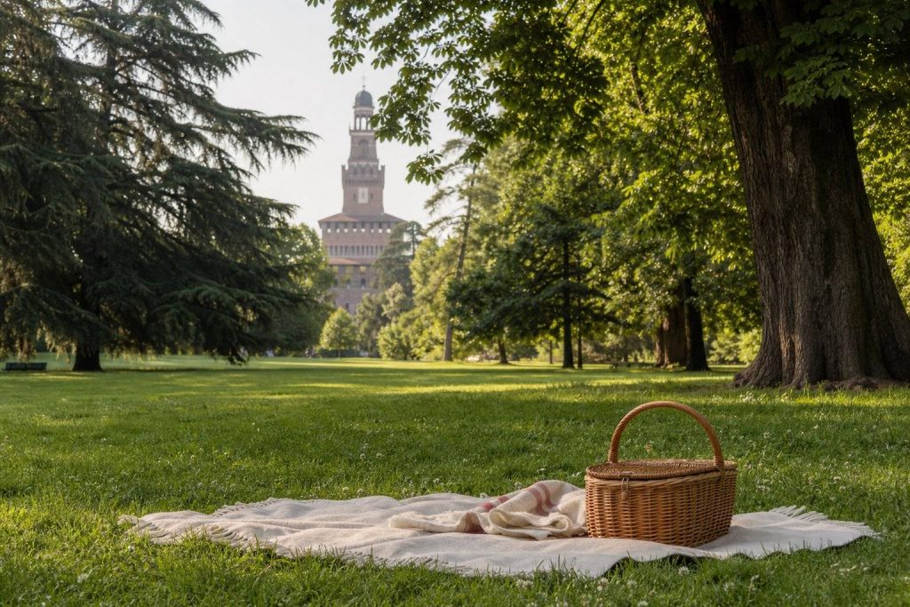 Prati e alberi del Parco Sempione a Milano con il Castello Sforzesco sullo sfondo