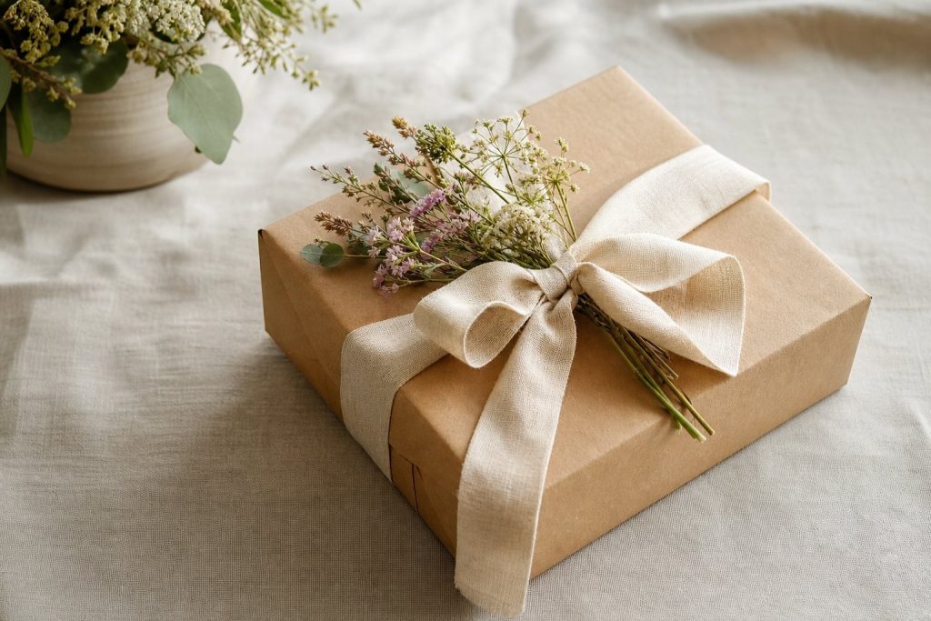 Pacchetto regalo elegante con nastro in tessuto e fiori di campo
