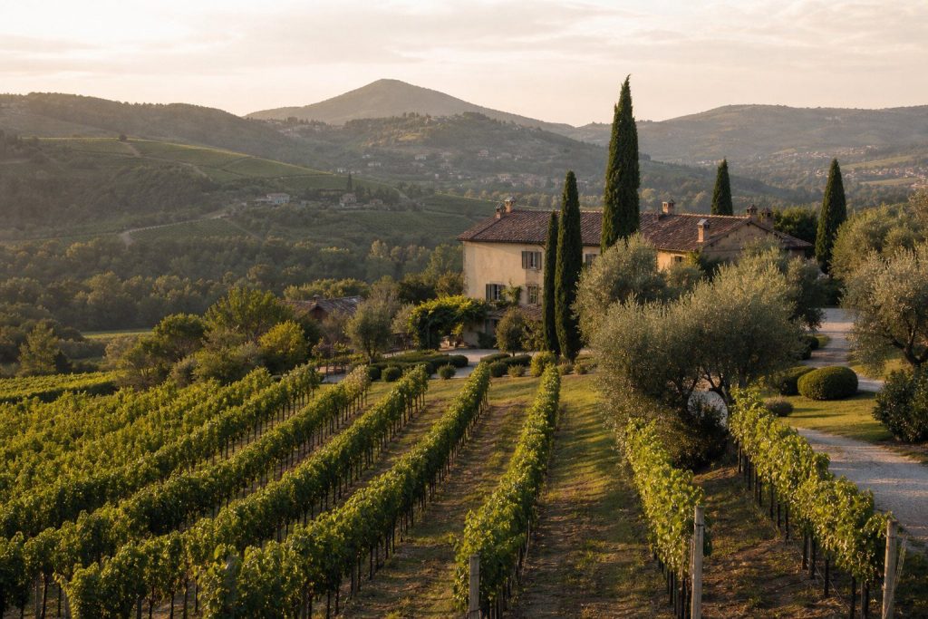 Colline di vigneti della Franciacorta nella luce del tardo pomeriggio