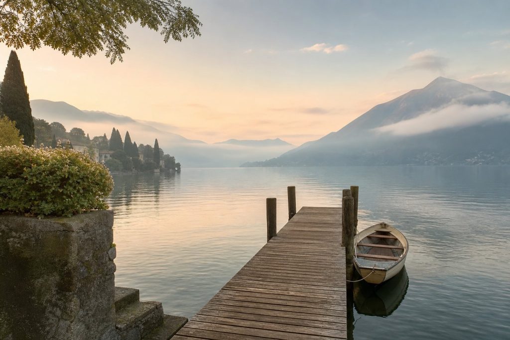 Molo in legno sul Lago di Como al mattino con montagne sullo sfondo