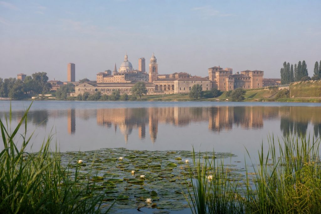 Profilo di Mantova visto dal lago con torri e cupole riflesse nell'acqua