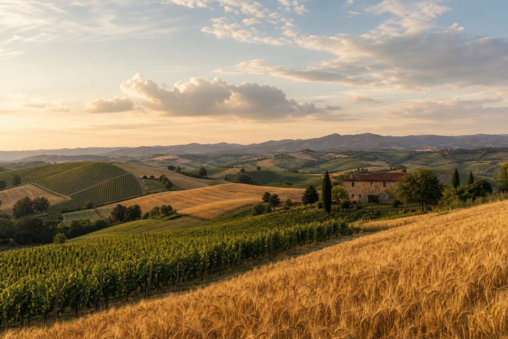 Colline dell'Oltrepò Pavese con vigne e una cascina tra gli alberi